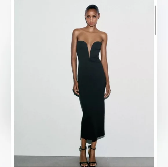 Zara Fitted Midi Dress Black Size L - Picture 3 of 12
